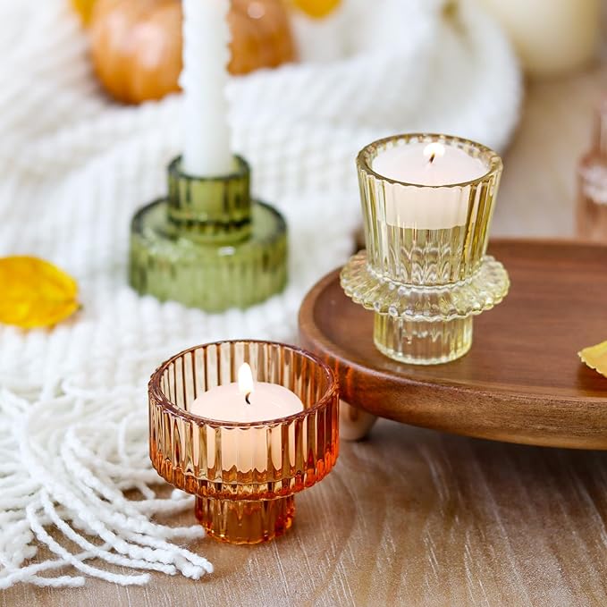 Brown Candlestick Holders 12PCS Ribbed Glass Taper Candle Holders Set for Tealight Candlestick Candles, Table Centerpieces for Thanksgiving Christmas Farmhouse Decor Indoor and Outdoor