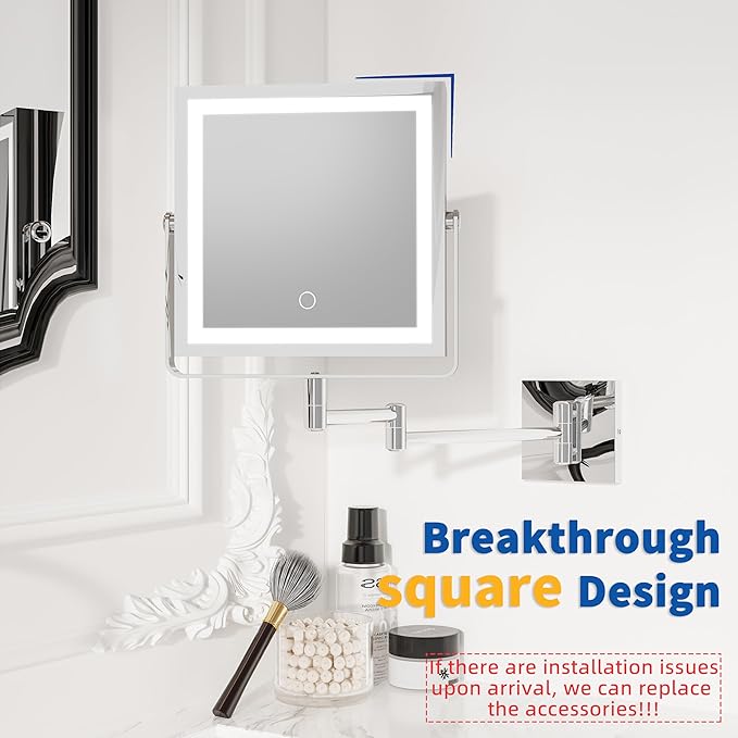 Ruacq Rechargeable Wall Mounted Makeup Mirror with Lights, Double Sided 1X/10X Magnifying Vanity Mirror with 3 Color Lighting, Touch Screen Dimmable, 360° Rotation Extension Foldable Arm(Chrome)