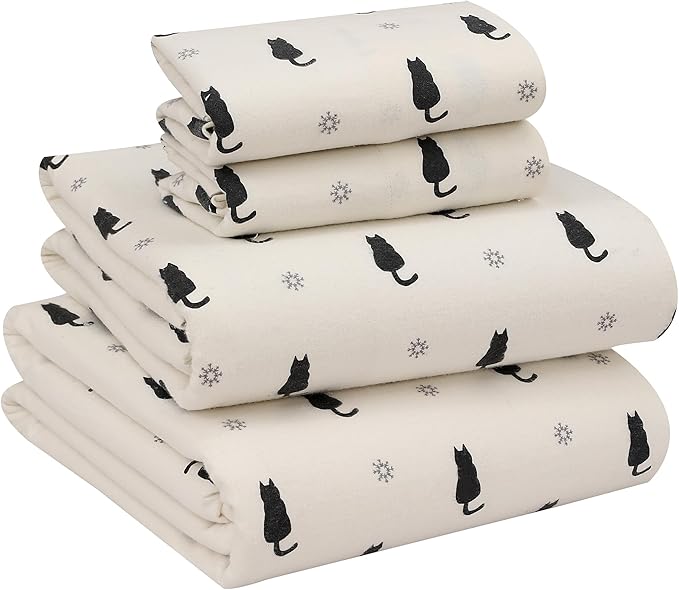 RUVANTI Flannel Sheets Queen Size - 100% Cotton Double Brushed Bed Sheets, Deep Pockets 16 Inches Queen Sheet Set, All Seasons Breathable & Extra Soft - Warm & Cozy, 4 Piece, Black Cat