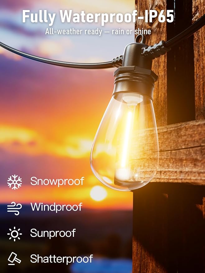 60FT LED Outdoor String Lights with 16+1 Edison Shatterproof IP65 Waterproof Bulbs, 2700K Dimmable Commercial Grade Patio Lights for Garden, Porch, Deck Decor