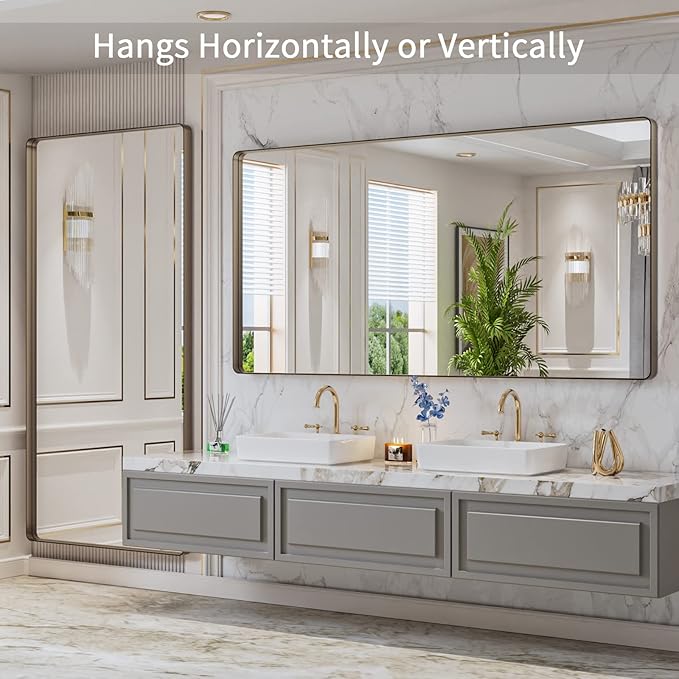 LOAAO 72”X36” Bronze Bathroom Mirrors for Vanity, Rounded Rectangle Brushed Bronze Metal Frame Mirror, Anti-Rust, Tempered Glass, Hangs Horizontally or Vertically