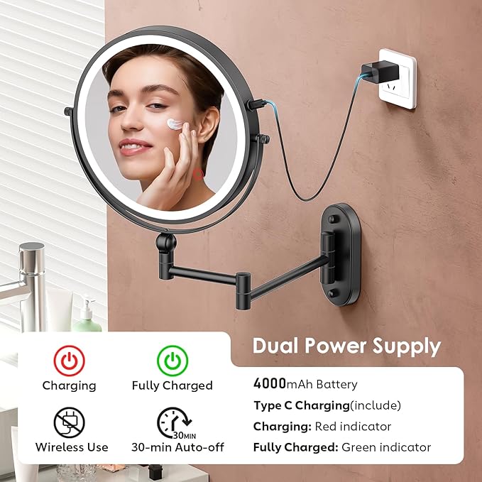 9" Wall Mounted Lighted Makeup Mirror,4000mAh Rechargeable Double Sided 1X/20X Magnifying Mirror with Light,Touch Dimmable,Extended Arm 360 Rotation Wall Mounted Makeup Mirror 3 Color Lights-B