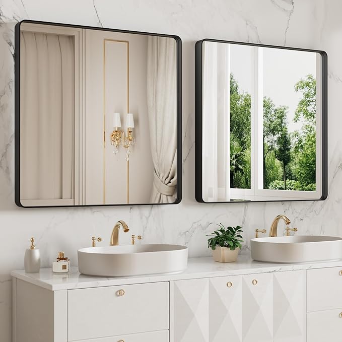 LOAAO 38x38 Inch Black Metal Framed Bathroom Mirror for Wall, Matte Black Bathroom Vanity Mirror Farmhouse, Large Rounded Rectangle Mirror, Anti-Rust, Tempered Glass, Hangs Horizontally or Vertically