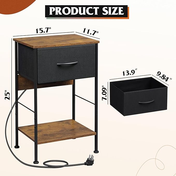 WLIVE Nightstand with Charging Station, Night Stand with 1 Fabric Drawer and Open Shelf, 25" H Bed Side Table for Bedroom, End Table, Small Dresser for Dorm, Entryway, Black and Rustic Brown