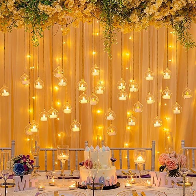 Sziqiqi Hanging Glass Globes Orbs Tea Light Candle Holders with Flameless LED Tealight for Wedding Ornaments, Wedding Birthday Christmas Party Centerpiece Accessory 2.36inch 100pcs +8 Extra