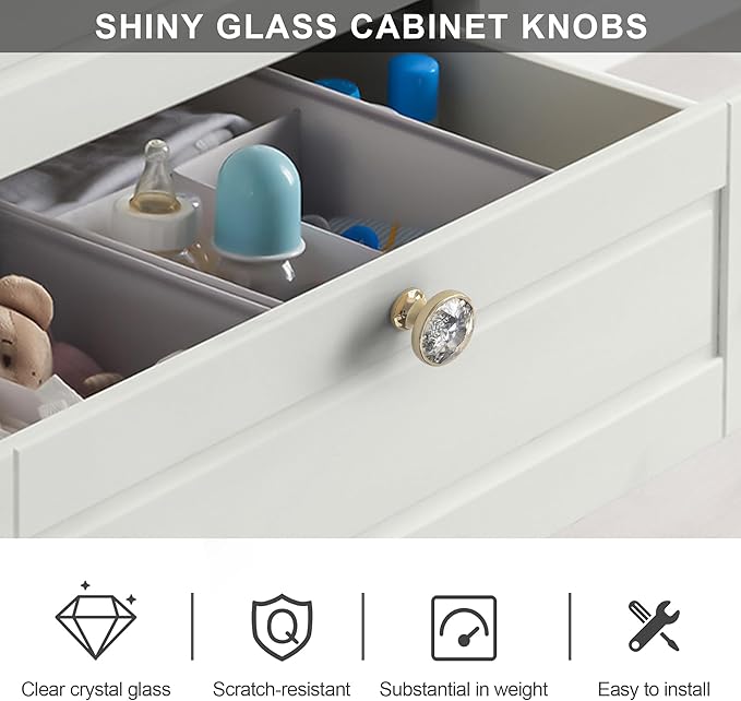 Alzassbg 10 Pack Clear Crystal with Gold Base Cabinet Knobs, 1-3/8 Inch (35mm) Diameter Cabinet Hardware Round Crystal Knobs for Drawers AL1011