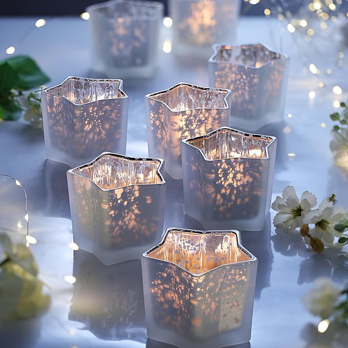 Letine 8pc Frosted White Star Tea Light Candle Holders - Mercury Glass Votive Holders for Wedding, Diwali, Fall & Holiday Decor - Elegant Starlight Vessels (2.44" Height, 1.45" Base)