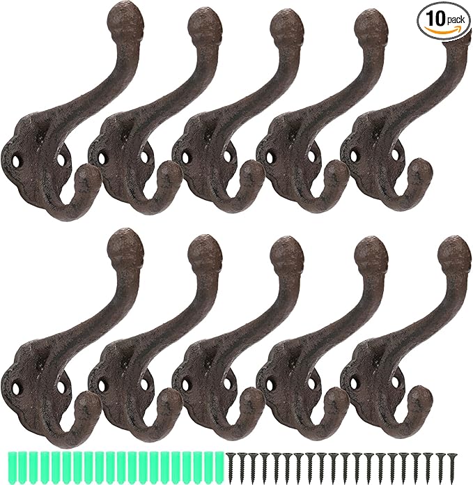Peohud 10 Pack Cast Iron Coat Hooks, Rustic Wall Hooks, Wall Mounted Farmhouse Coat Hangers, Heavy Duty Double Hooks for Hanging Coats, Bags, Caps, Hats, Towels, Keys