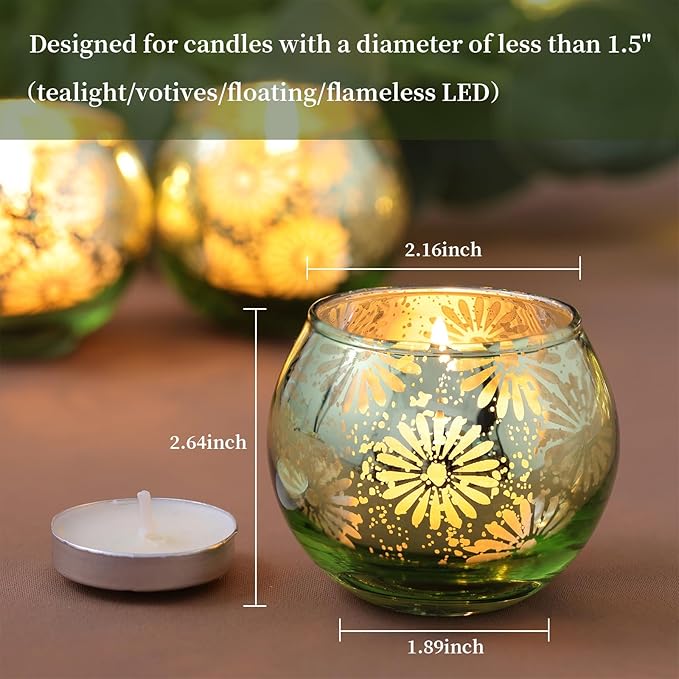 Green Mercury Glass Votive Candle Holders Set of 12, Round Tealight Candle Holders Bulk for Table Centerpieces, Weddings, Shower Gifts, Christmas, Halloween Party Decorations