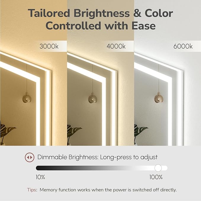 USHOWER LED Bathroom Mirror 40x24 Inch with Lights - Frameless Tempered Glass LED Backlit Lighted Mirror for Bathroom Vanity with Anti-Fog, 3 Colors Dimmable, Memory Function, Wall-Mounted
