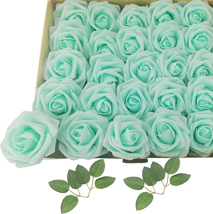 Artificial Rose Flowers 25pcs, Cyan Foam Fake Rose Faux Flower for Wedding Bouquets Bridal Shower Centerpieces Floral Arrangements Home Decorations Party Backdrops Table