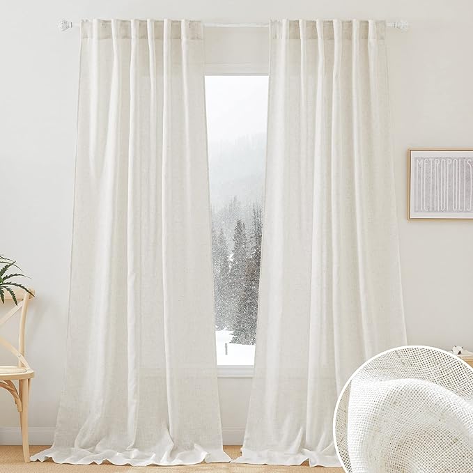 RYB HOME 108 inch Curtains - Flax Linen Blend Semi Sheer Light Glare Filtering Extra Long Drapes for Living Room Dining Doorway Farmhouse Office Sunroom, Linen, Wide 52" by Long 108", 2 Panels