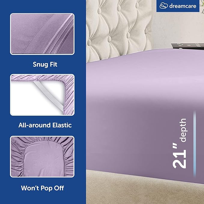 DREAMCARE Queen Sheet Set – 6 pcs Cooling Bed Sheets – up to 21” Deep Pocket Queen Sheets Set – 2500 Supreme Collection – Extra Soft 100% Brushed Microfiber Hotel Luxury with Side Pocket – Lavender