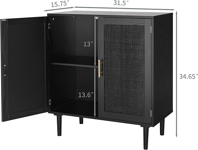 Finnhomy Sideboard Buffet Kitchen Storage Cabinet with Black Painted Rattan Decorated Doors, Dining Room, Hallway, Cupboard Console Table, Liquor/Accent Cabinet, 31.5X 15.8X 34.6 Inches, Black