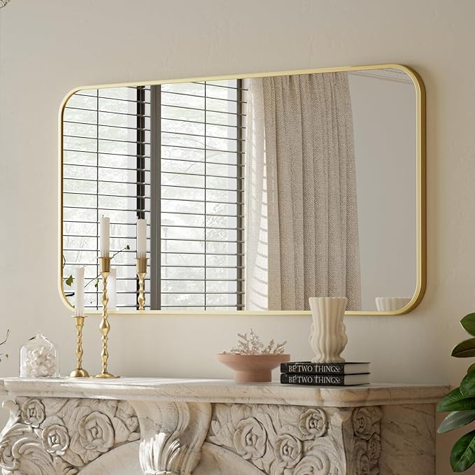 BEAUTYPEAK 26" x 38" Rectangular Aluminum Alloy Frame Wall Mounted Bathroom Mirror with Rounded Corners, Gold