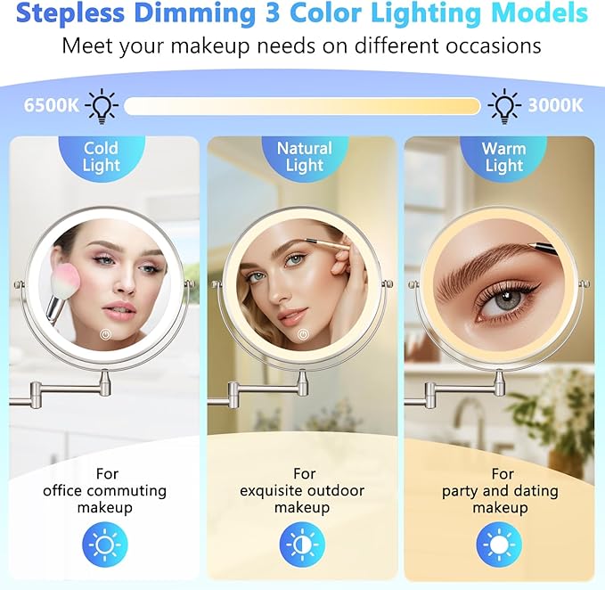 ALHAKIN 9" Wall Mounted Lighted Makeup Mirror, Rechargeable 1X/15X Magnifying Mirror with 3 Color Lights Dimmable, 360° Rotation, Nickel