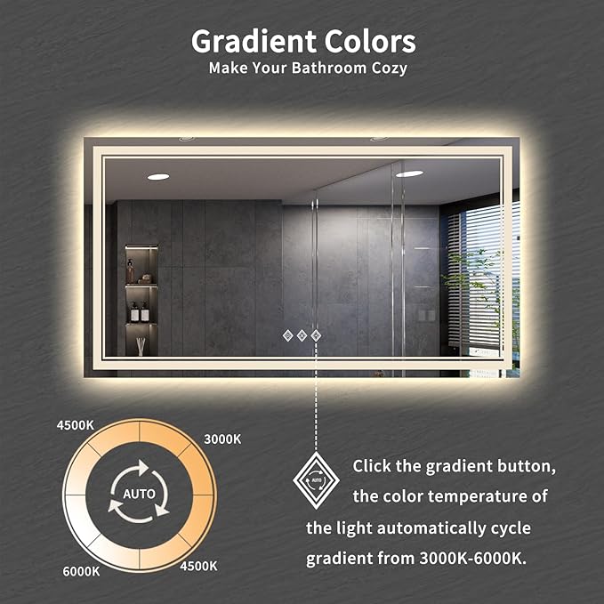 Bathroom Mirror, 72x40 Inch Gradient Front and Backlit Big LED Mirror, 3 Colors Dimmable CRI>90 Double Lights, IP54 Enhanced Anti-Fog, Hanging Plates Wall Mount Lighted Bathroom Mirror