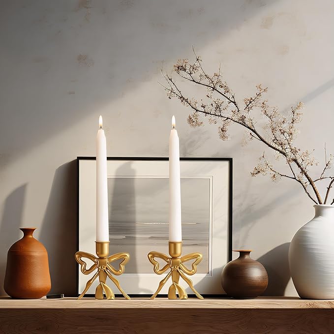 Mumufy 4 Pcs Gold Bow Taper Candle Holder Vintage Metal Candle Stick Holders Antique Brass Decorative Candlestick for Wedding Christmas Home Table Decor, 4.5" W x 4.3" H