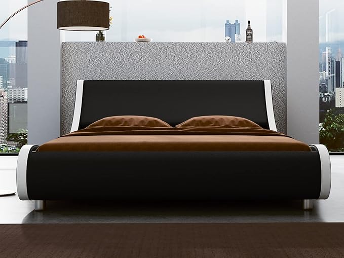 SHA CERLIN Modern Low Profile Platform Bed Frame King Size, Stylish Faux Leather Upholstered Sleigh Bed with Ergonomics Headboard, No Box Spring Needed, Black & White