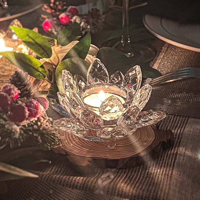 Crystal Lotus Flower Tealight Candle Holders/Glass Tea Light Candlestick Decor Decoration for Christmas Home Wedding Party… (Clean 2pcs)