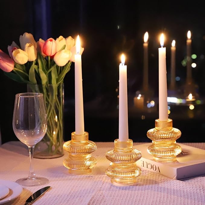 VOHO Champagne Gold Taper Candle Holders for Table Centerpiece, Classic Ribbed Candlestick Holders for Birthday Party Wedding Decor, Versatile Glass Candle Holder for Tealights/Taper Candles(Set of 6)