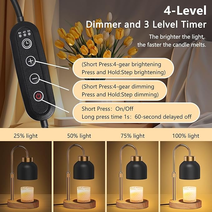 Candle Warmer Lamp with Timer and Dimmer, Height and Brightness Adjustable, Black Electric Wax Warmer for Women Mom, Best Birthday and House Warming Gift New Home Decor