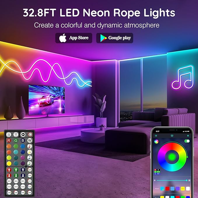 LETIANPAI 32.8Ft Neon Rope Lights,Flexible Led Rope Lights Control with App/Remote,Multiple Modes Rope Lights,IP65 Outdoor RGB Led Neon Lights Waterproof,Music Sync Gaming Led Light Strip (32.8FT)
