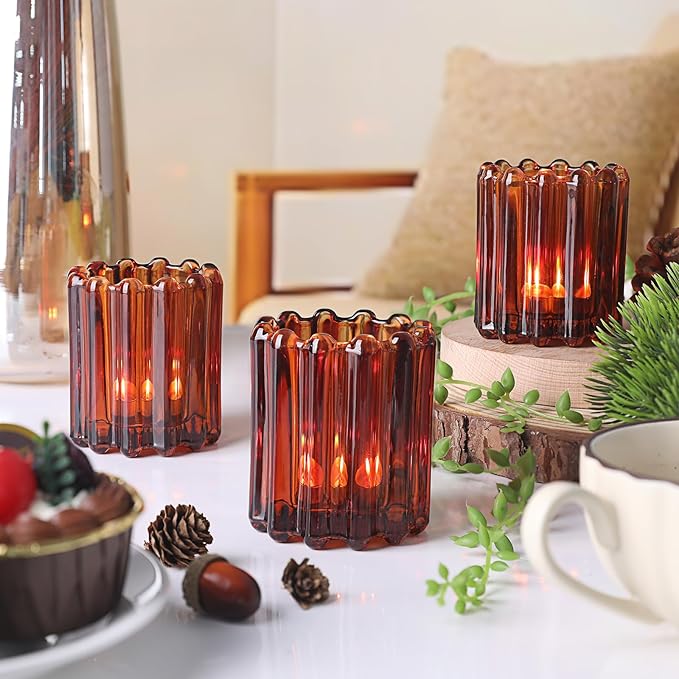 6pcs Votive Candle Holder, Amber Glass Vintage Candle Holders, Tealight Candle Holder for Boho Fall Wedding Centerpieces Dinner Party Table Decor
