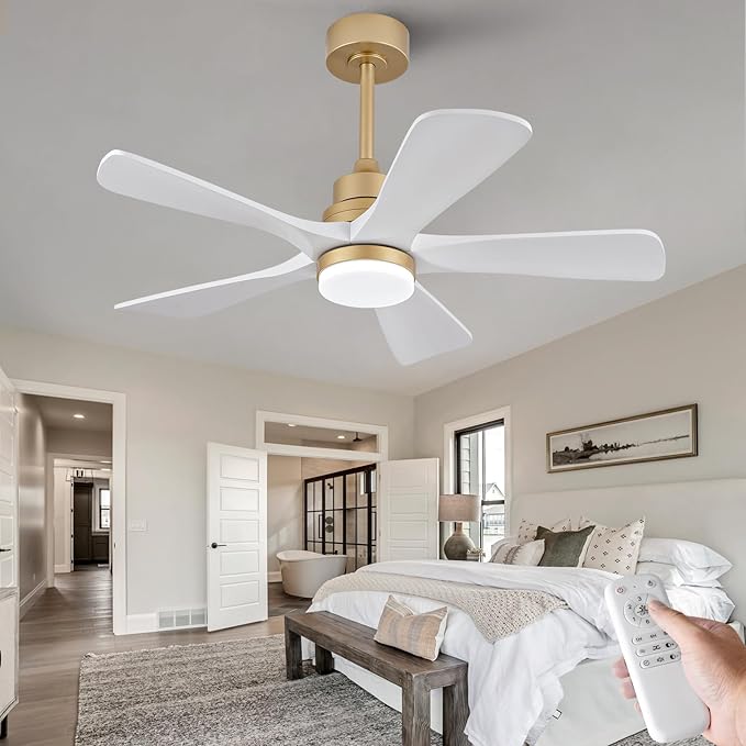 BOJUE 42 Inch Ceiling Fans with Lights and Remote Control, White Gold Ceiling Fan with Light for Bedroom, Noiseless DC Motor, Dimmable Led 5 Solid Wood Blades