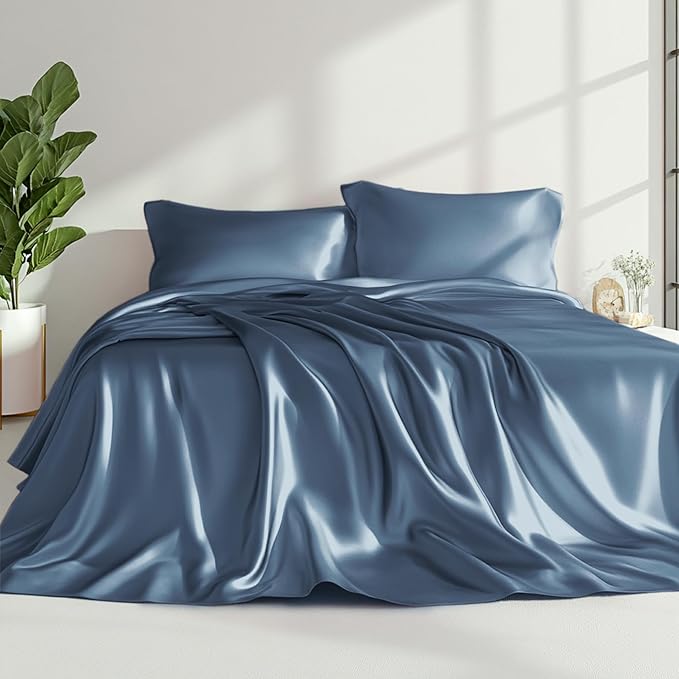 Love's cabin Full Size Satin Sheet Sets - 4 Piece Ash Blue Silky Sheet Set Full with Deep Pocket, Luxury Silk Feel Bed Sheets Full Bedding Set (1 Flat Sheet,1 Fitted Sheet,2 Pillow Cases)