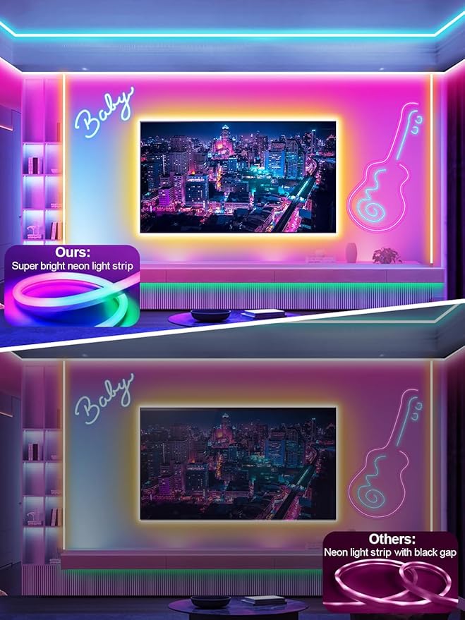 10ft Rgb Led Neon Rope Lights with Remote App Control, IP65 Waterproof Neon Strip Lights for Outdoor, DIY Design Flexible Led Rope Lights for Bedroom Music Sync, Gaming Accessories, Room Decor