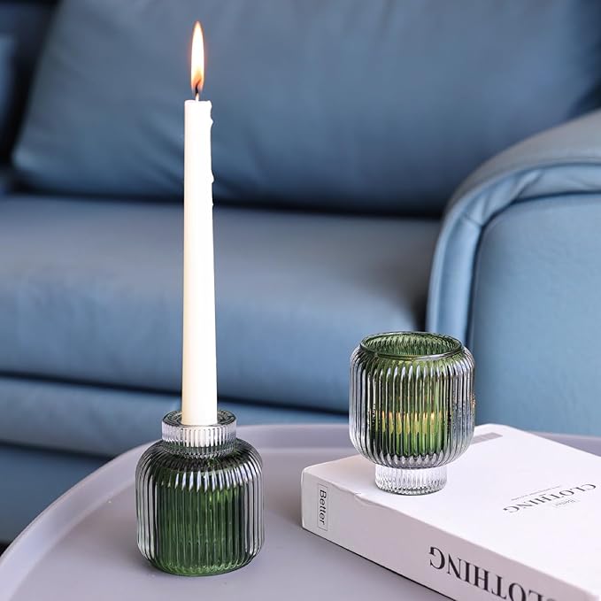 Woho Green Votive Candle Holders Set of 2(3.5" H x 3.1" W), Ribbed Tealight Candle Holder Vintage for Christmas Dinner Table, Reversible Tea Lights Candle Holder Glass for Living Room Home Decor