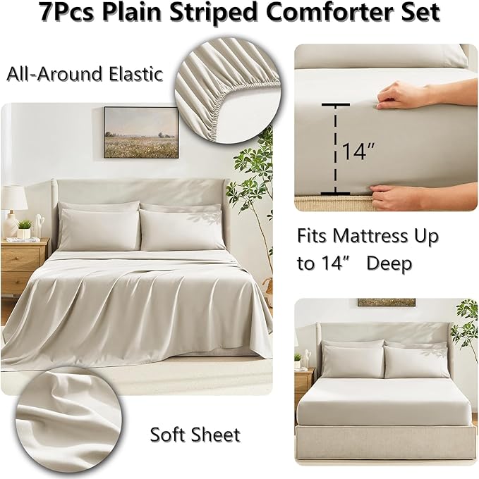 CozyLux King Size Comforter Set Oatmeal, 7 Pieces Bed in a Bag, Oatmeal Comforter King Size, All Season Bedding Sets with Stitch Quilted Comforter, Flat Sheet, Fitted Sheet, Pillowcases