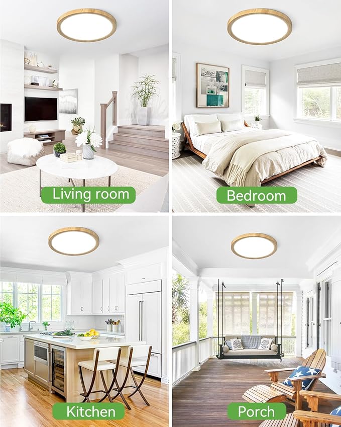 zemty LED Ceiling Light Wood - 12In 28W 3200lm Flush Mount Ceiling Light with 3 Color Temperature 3000K/4500K/6000K - Round Flat Light Fixture for Kitchen Bathroom Shower, 2Pack
