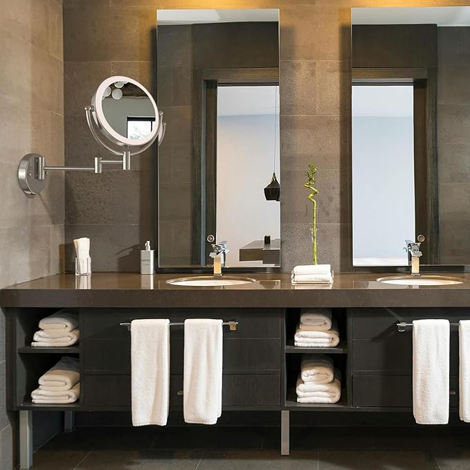 Wall Mounted Lighted Makeup Vanity Mirror with Magnification, 8 Inch Double Sides 10X Magnifying Bathroom Mirror 3 Color Lighting Touch Dimming, Extended Arm Shaving Mirror Hard Wired, Brushed Nickel
