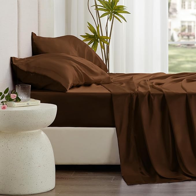 Love's cabin Satin King Sheet Sets - 4 Piece Brown Silky Sheets King Size Bed with Deep Pocket, Luxury Silk Feel King Size Satin Sheet Set (1 Flat Sheet,1 Fitted Sheet,2 Pillow Cases)