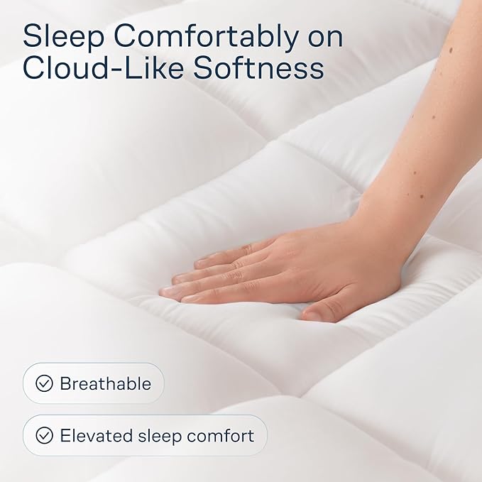 Cloud-Like Twin Mattress Topper - 100% Cotton Top Mattress Pad for Back Pain Relief - Breathable & Naturally Cooling for Hot Sleepers, White