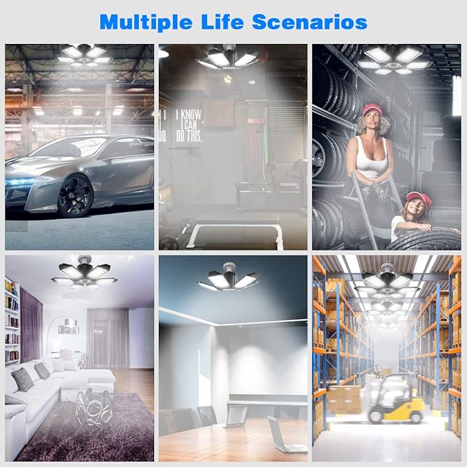 Garage Lights - 2Pack Super Bright 32000LM LED Garage Ceiling Light 6500K LED Shop Light w/ 6 Deformable Panels Screw in E26/E27 Socket Light Bulbs for Workshop Storage Warehouse Attic