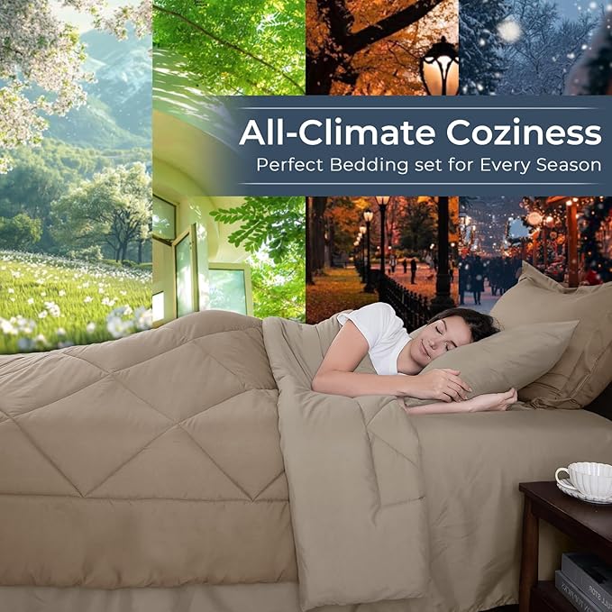 HEVUMYI Khaki & Linen Full Comforter Set - 7-Piece All Season Bed in a Bag Full, Ultra Soft Bedding Set with Comforter, Flat Sheet, Fitted Sheet, Pillowcases, Pillow Shams