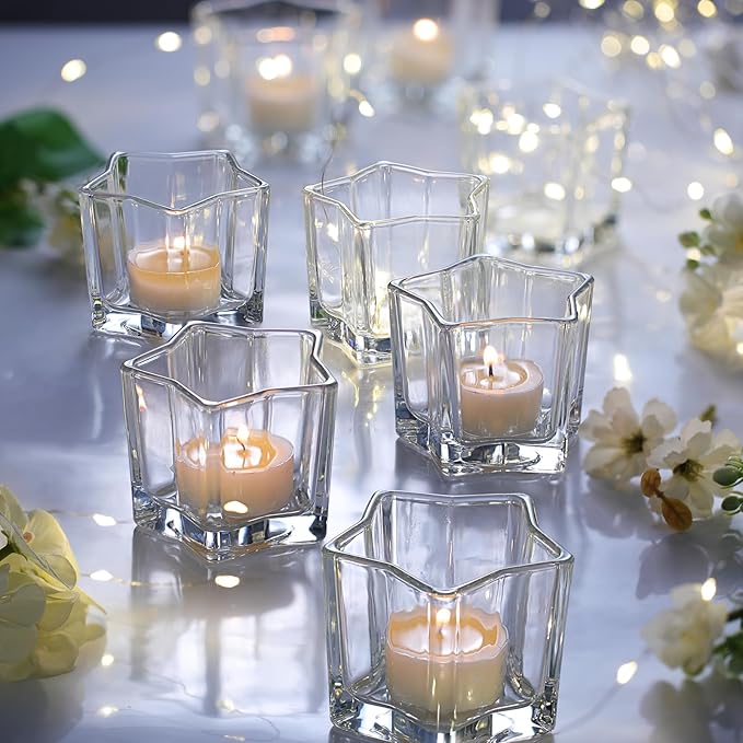 Letine 8pcs Clear Star Tea Light Candle Holders - Glass Votive Holders for Diwali, Wedding Centerpiece, Fall & Holiday Decor - Lucky Star Jar Starlight Vessels (2.44" H, 1.45" Base)