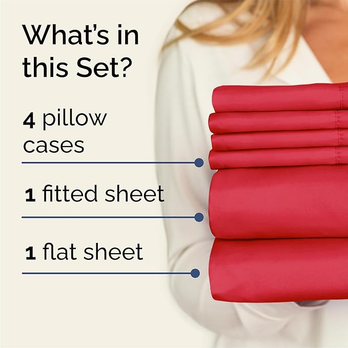 Queen Sheets Set 6 Piece - Bed Sheets Queen Size - Soft Hotel Luxury Bedding - Cooling, Comfy & Breathable - 1 Flat & 1 Fitted & 4 Pillowcases with Deep Pockets - Wrinkle Resistant & Fade Free - Red