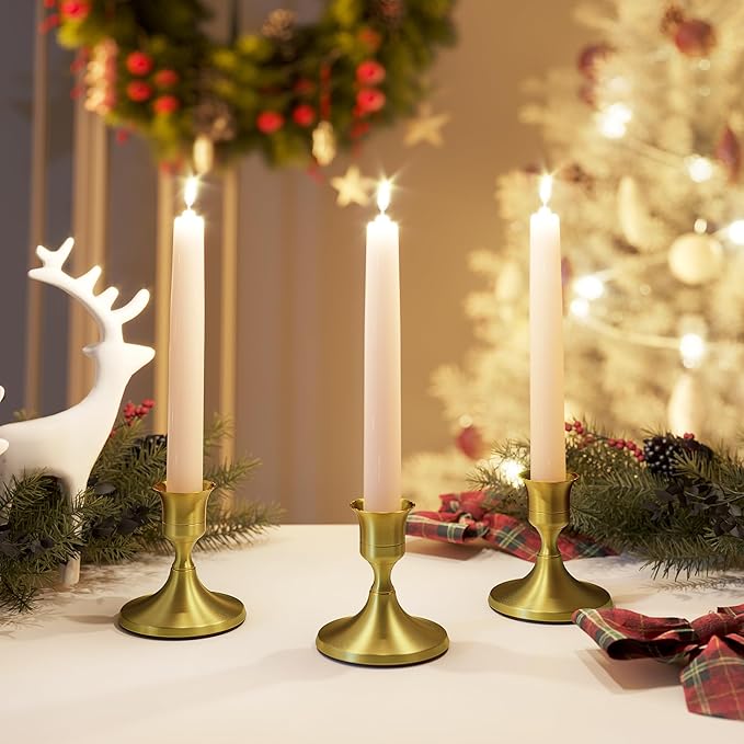 Brass Gold Taper Candle Holders Set of 3, Vintage Metal Candlestick Holders for Dinner Room Table Centerpiece or Mantel Wedding Party Decor