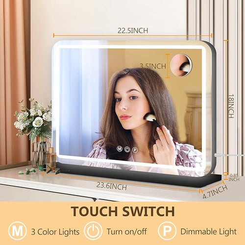 23"x18" Black Vanity Mirror with Lights, Led Makeup Mirror, Lighted Makeup Mirror with 3 Color Dimmable Lights, Smart Touch Screen Control, Aluminum Metal Frame,USB Charging Port