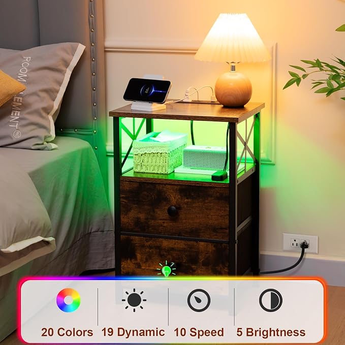 AMHANCIBLE Night Stand Set 2, LED Nightstand with Charging Station, End Tables Living Room with Fabric Drawers, Bedside Table for Bedroom, Rustic Brown, HET052LBR
