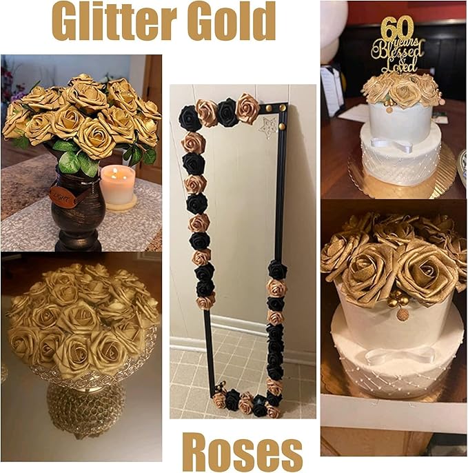 Black and Gold Flowers Artificial Roses for Centerpieces, 50PCS Fake Flowers for Wedding Decorations Bouquets Baby Shower Centerpieces Home Decor Arrangements Party
