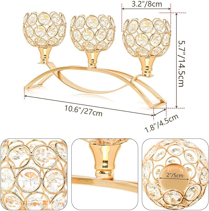 Crystal Tealight Candle Holder Centerpiece Home Decorative Candlestick Holder Elegant Table Centerpiece Home Decor Wedding Party Anniversary (Gold, 3 Arm of 4 Pcs)