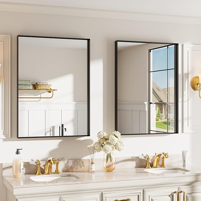 Black Vanity Wall Mirror, 22x 30 Inch Rectangular Bathroom Mirrors for Over Sink, Aluminum Metal Framed Mirror, Tempered Glass, Anti-Rust, (Horizontal/Vertical) 2Pack