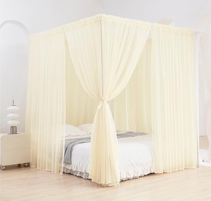 Akiky Ivory Canopy Bed Curtains with Lights 8 Panel Canopy Curtains Drapes for Full Queen Size Bed Large Rod Pocket Sheer Canopy Bed Drapes