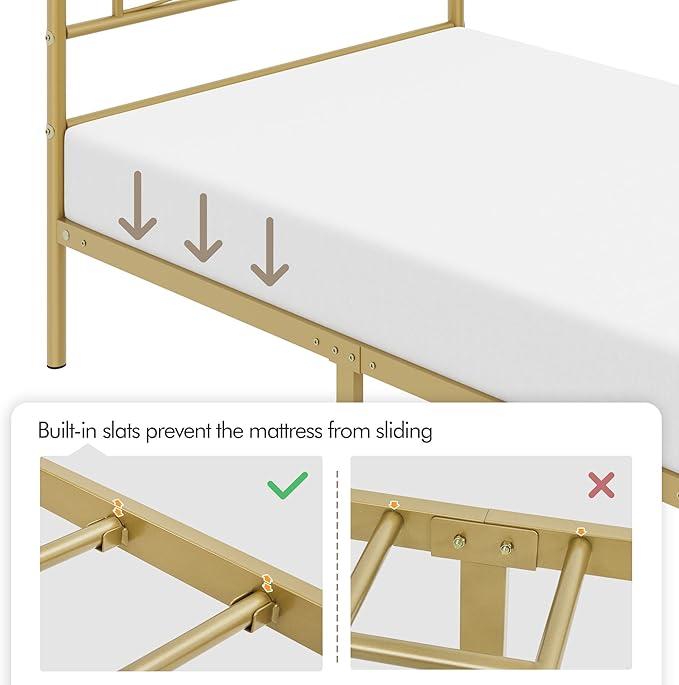 Yaheetech Twin Metal Bed Frame, Platform Bed Frame, Mattress Foundation with Curved Design Headboard & Footboard, Heavy-Duty Support, Easy Assembly, Twin, Antique Gold