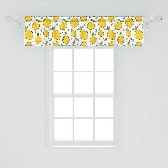 Ambesonne Lemons Window Valance, Continuous Citrus Fruits Leaves Refreshing Cartoon Pattern, Curtain Valance for Kitchen Bedroom Decor with Rod Pocket, 54" X 12", Lime Green Earth Yellow